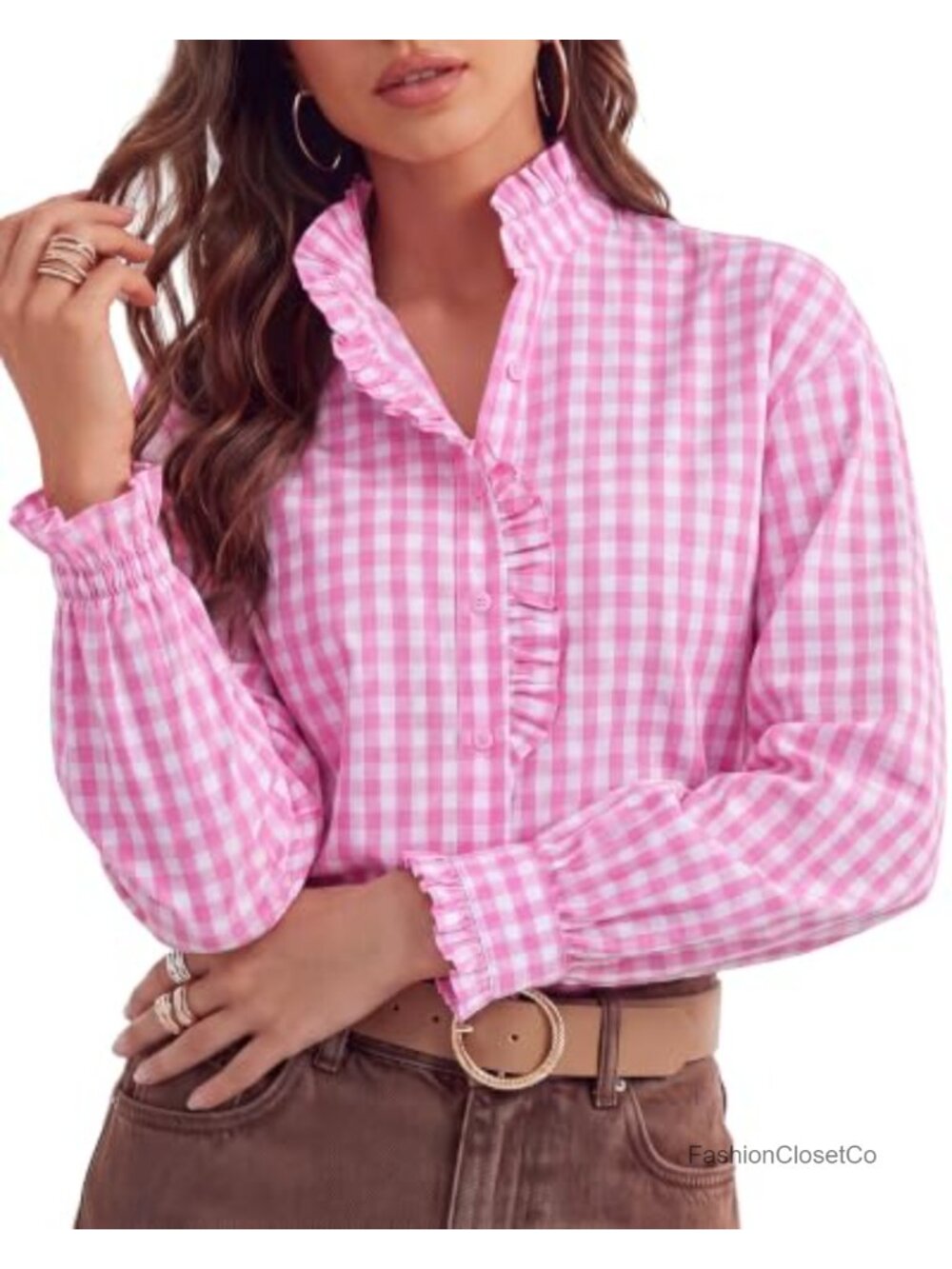 Womens Plaid Ruffle Button Down Blouse Gingham Cotton Shirt